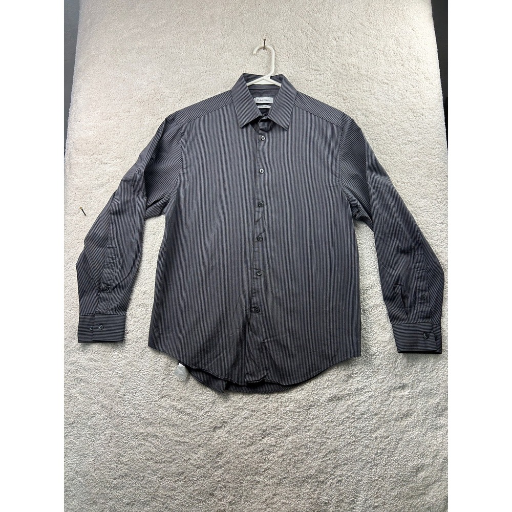 Calvin Klein Shirt Mens 15.5 32/33 Black Gray Striped Slim Fit Stretch Button Up